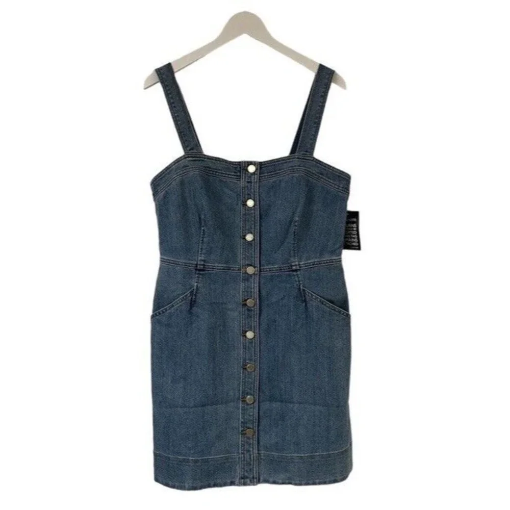 Michael Kors Stretch Denim Dress Pockets Straps Overalls Preppy 90s Size 12 NEW - Picture 2 of 13
